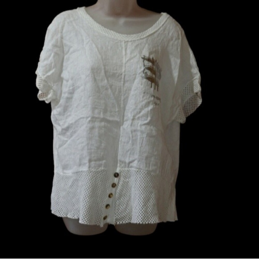 New Collection White Linen Cotton Blend Poplin T-shirt Silver Logo Design XL
